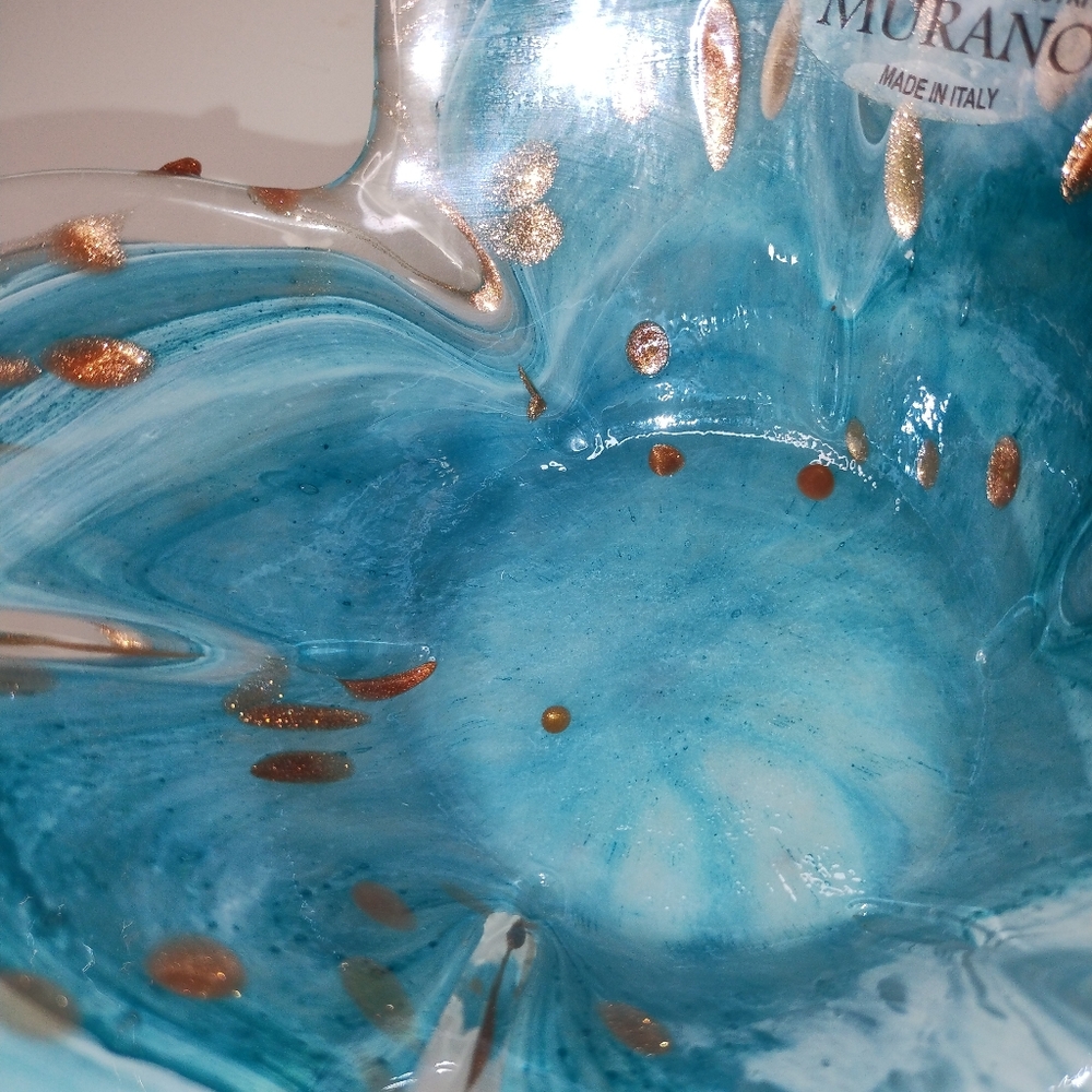 HandBlown Murano Lavorazione Blue Petal Art Glass Bowl with Gold Aventurine - Picture 6 of 10